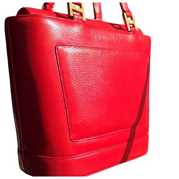 MCM‎ Vtg Red Leather Tote Bag Gold MCM Logo Studs Top Handles Small Statement - Picture 5 of 10